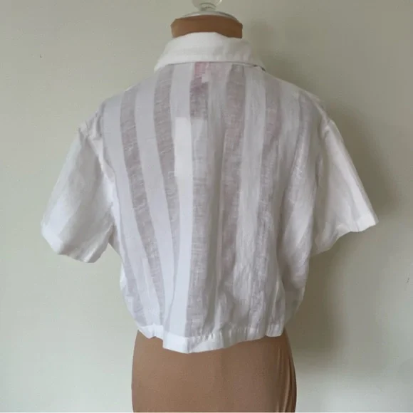 Solid and Striped The Cabana Linen Striped Cropped White Button Up Shirt NWT S - Picture 3 of 9